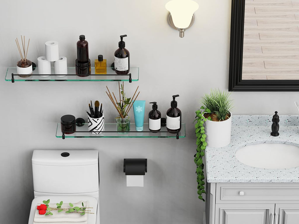 Glass Bathroom Shelves,Brushed Gold Floating Shelves for Wall Rectangular Modern Stainless Steel Glass Shelf for Bathroom Shelves wall Mounted 16 Inch