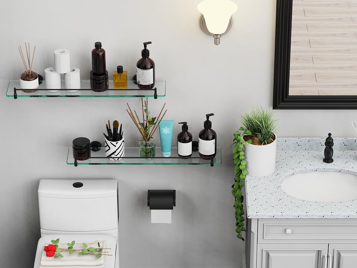 Glass Bathroom Shelves,Brushed Gold Floating Shelves for Wall Rectangular Modern Stainless Steel Glass Shelf for Bathroom Shelves wall Mounted 16 Inch