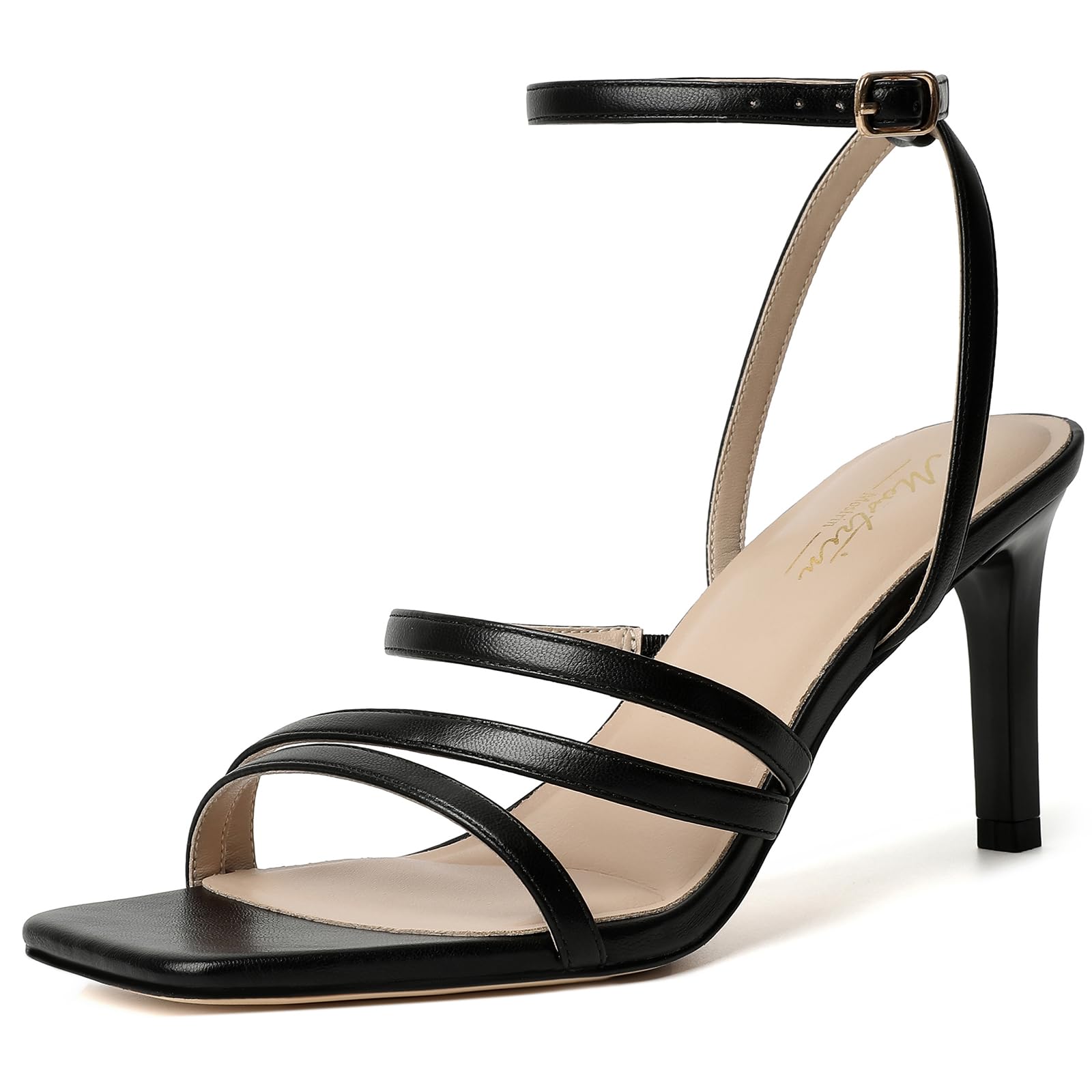 Mostrin Strappy Kitten Heels for Women Square Open Toe Heels Ankle Strap Lace Up Heeled Sandals for Party, Prom