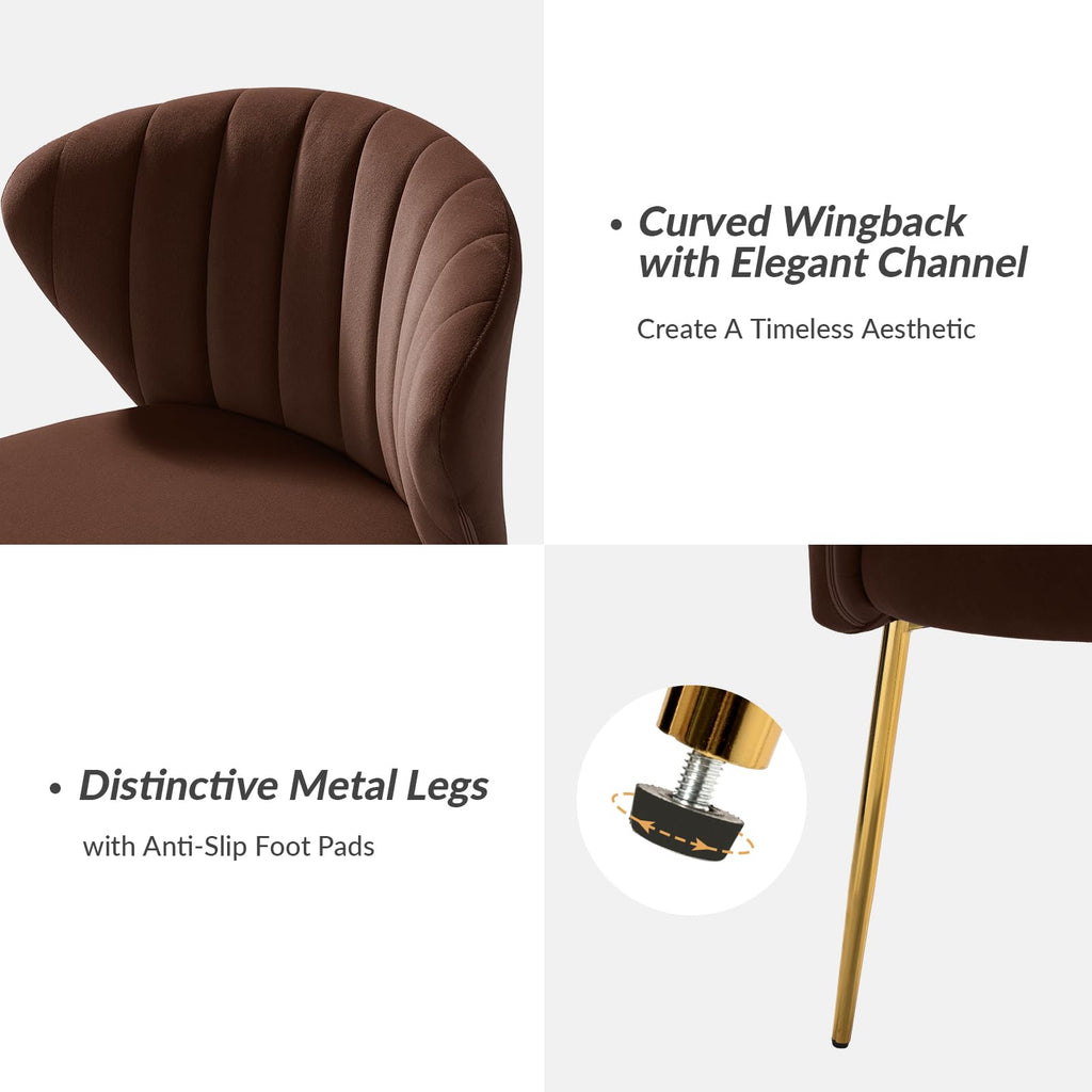 HULALA HOME Velvet Dining Chairs, Modern Small Armless Accent Chair with Gold Metal Legs, Living Room Upholstered Cute Side Chair, Elegant Tufted Back Vanity Chair for Bedroom, Auburn