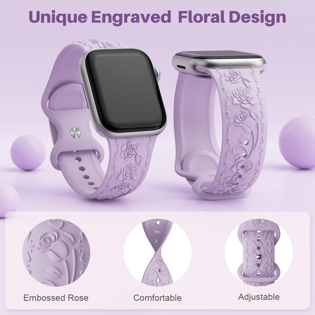 Floral Engraved Band Compatible with Apple Watch Band 40mm 41mm 38mm 42mm 44mm 45mm 46mm 49mm Women, Soft Silicone Cute Embossed Flower Strap for iWatch Band Series SE Ultra 11 10 9 8 7 6 5 4 3 2 1