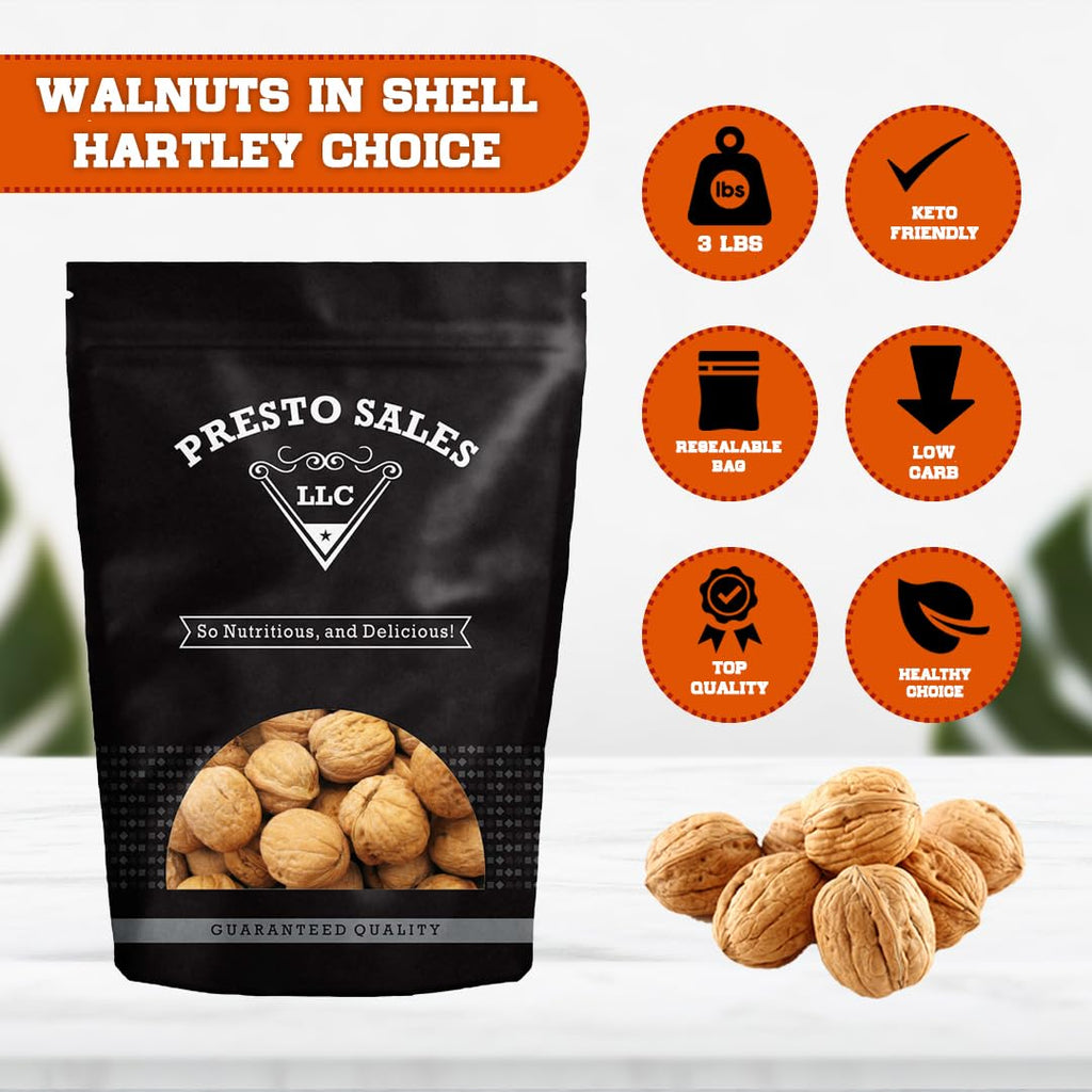 Presto Sales Walnuts “Current New Crop" In Shell Huge Hartley Choice Nut, Grown in California - Packed in a 3 lbs (48 oz.) Resealable Pouch Bag - Low-Carb, High-Protein.