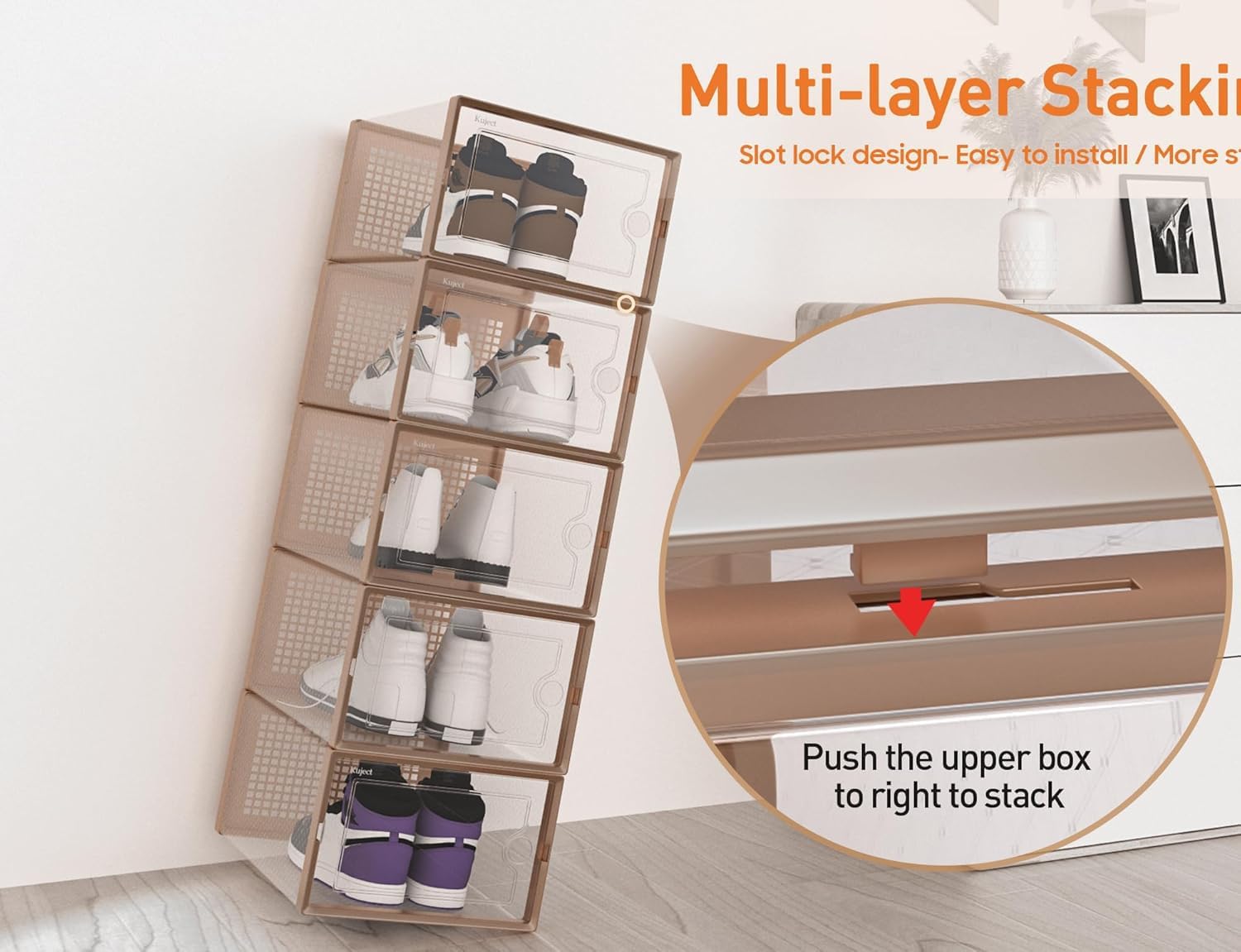 Kuject X-Large Shoe Storage Boxes Organizers for Closet 12 Pack, Fit Size 11,Clear Plastic Stackable Sneaker Containers for Entryway, Dark Brown