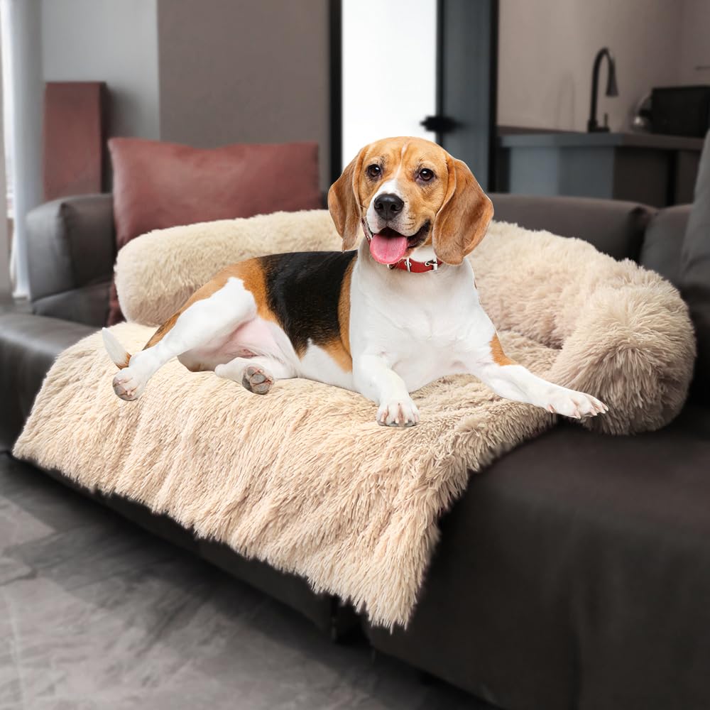 Luxurious Calming Dogs/Cats Bed Mats, Dog Pad Washable Removable Couch Cover, Plush Long Fur Mat for Pets, Waterproof Lining, Perfect for Small, Medium and Large Dogs and Cats (Beige, 31"x23")