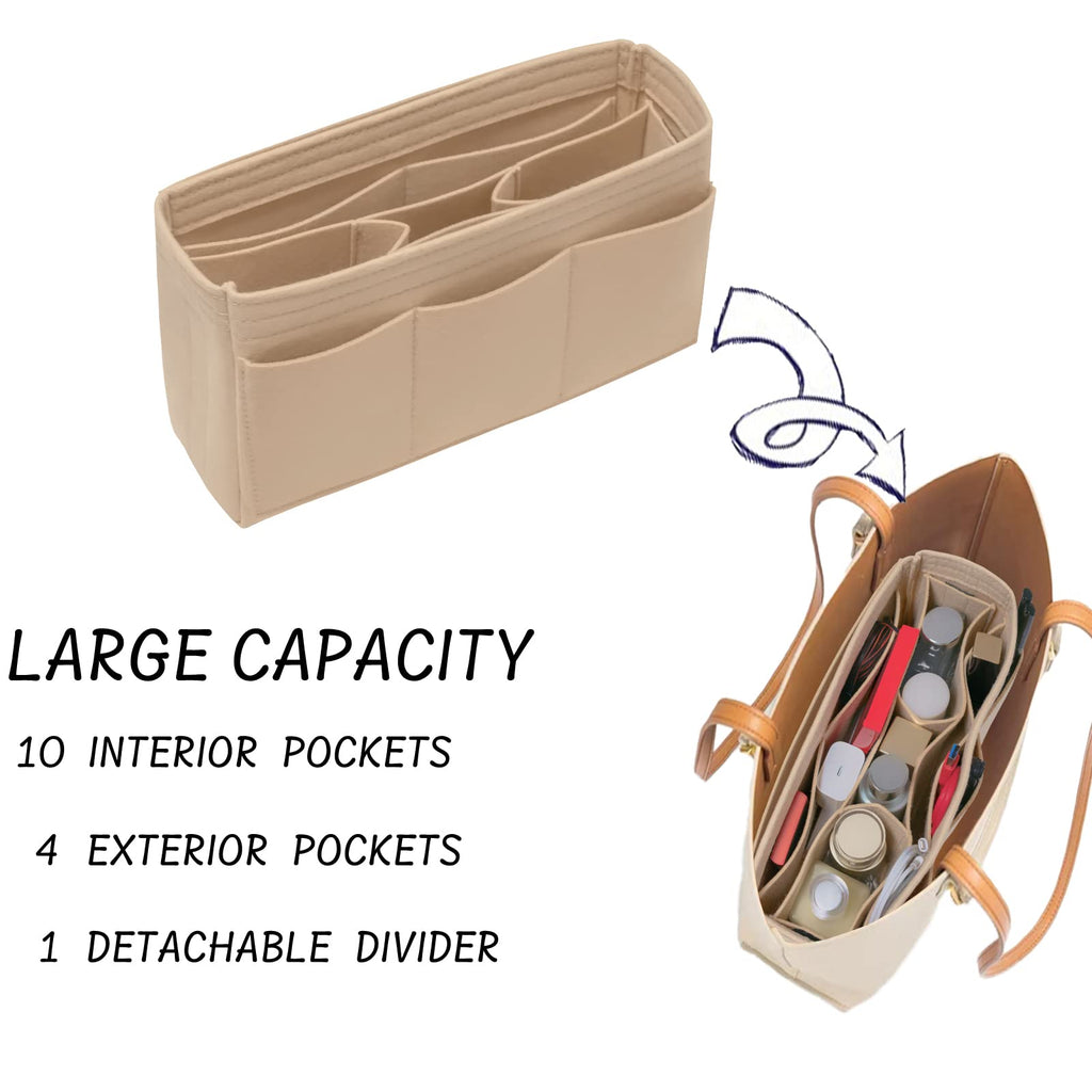 DailyPlus Purse Organizer Insert Felt Bag Organizer Handbag Organizer Insert Bag In Bag Organizer for Tote Purse Bag 14 Pockets Beige Small