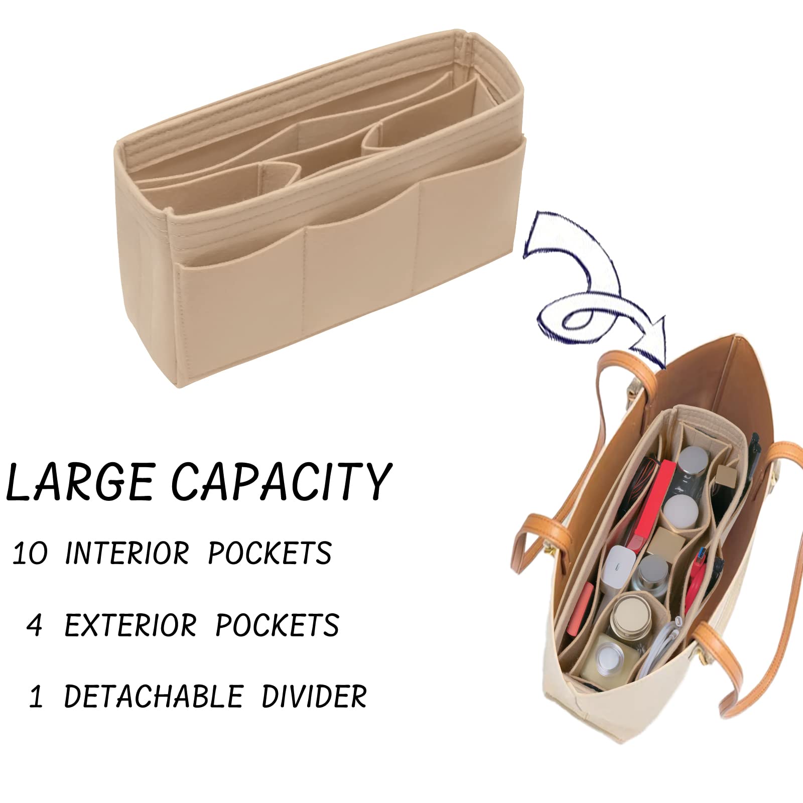 DailyPlus Purse Organizer Insert Felt Bag Organizer Handbag Organizer Insert Bag In Bag Organizer for Tote Purse Bag 14 Pockets Beige Small