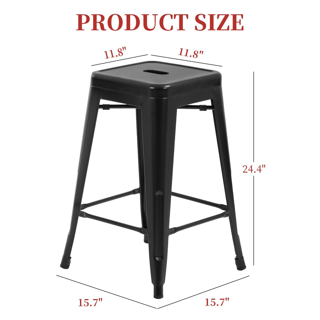 FDW Metal Bar Stools Set of 4 Counter Height Bar Stools 24 Inches Industrial Bar Chairs Patio Stool Stackable Backless Stool Indoor Outdoor Metal Kitchen Stools Bar Chairs (Black, 24")