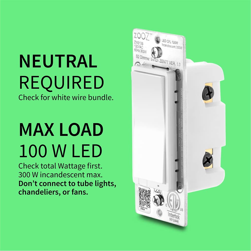 Zooz 800 Series Z-Wave Long Range Toggle Dimmer ZEN74, White | Direct 3-Way (No Add-On Switch Needed) | Z-Wave Hub Required