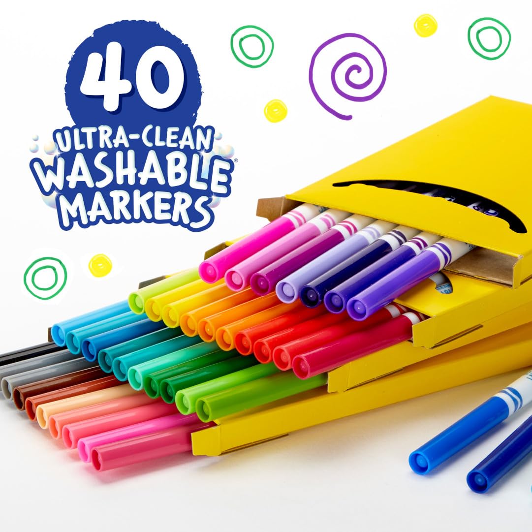 Crayola Ultra Clean Fine Line Washable Markers (40ct), School Supplies, Classroom Teacher Must Haves, Homeschool Essentials, Gifts for Kids, Ages 3, 4, 5