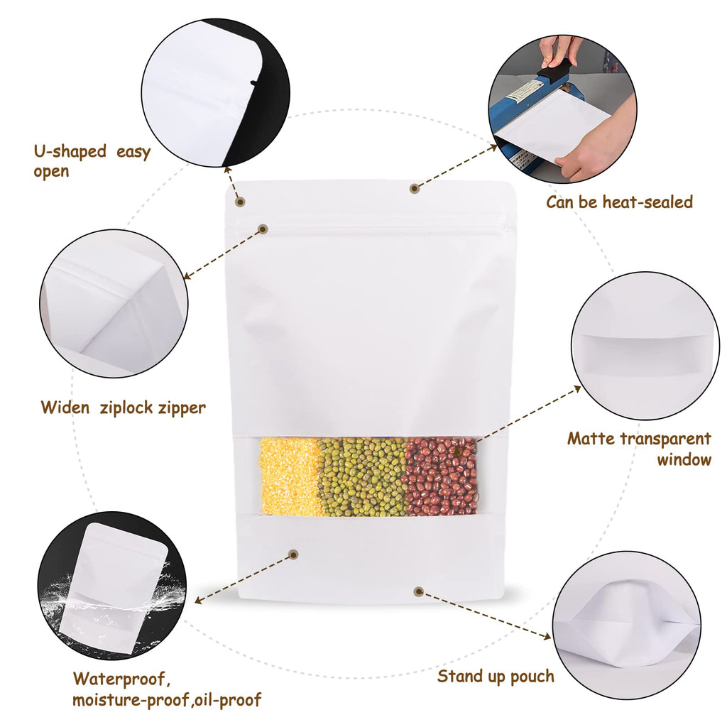 50pcs Kraft Bags with Window 3.5x5.5 Inches Brown Reusable Sealable Zip Lock Food Storage Stand up Paper Pouches for Home or Business