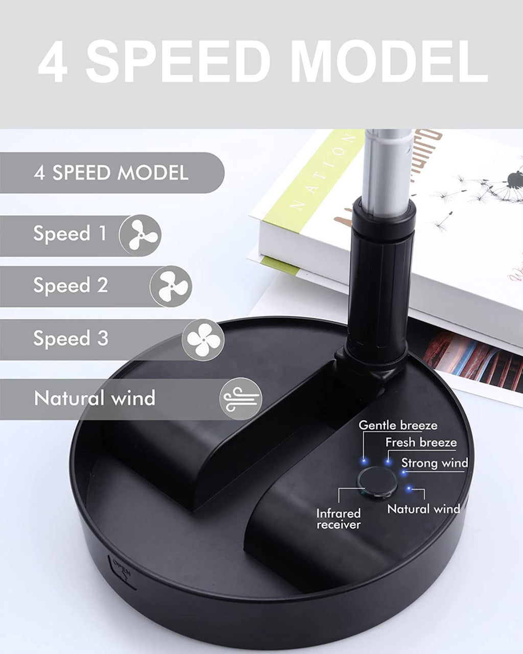UN UNITEDTIME Portable Fan Foldable Rechargeable [Remote Control ] Battery Operated Foldaway Standing Pedestal Collapsible Fan, 4 Speed, Timer for Camping Travel, Bedroom (Black)