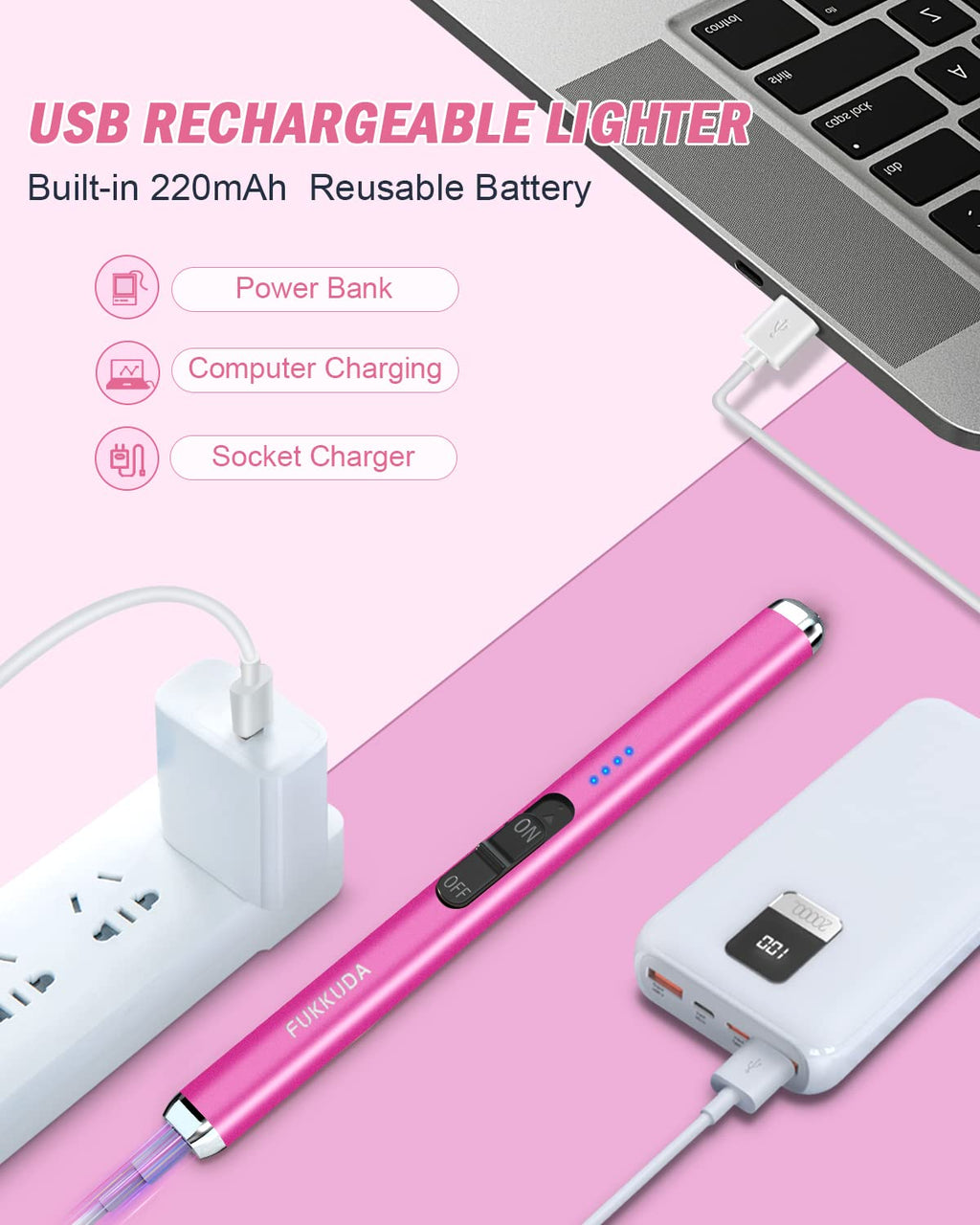 FUKKUDA Electric Candle Lighter with Safety Switch - USB Rechargeable Windproof & Flameless Plasma Arc Lighter for Easter Basket Stuffers (Rose Gold)