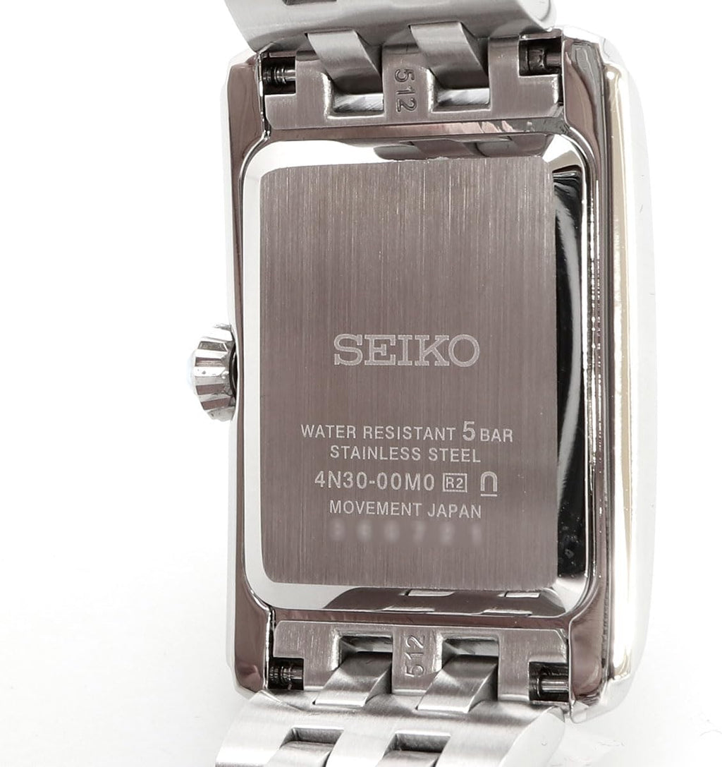 Seiko SWR083 Rectangular Watch - Essentials Collection - Roman Numeral Dial, Blue Hands, Stainless Steel Bracelet, and 50m Water Resistance