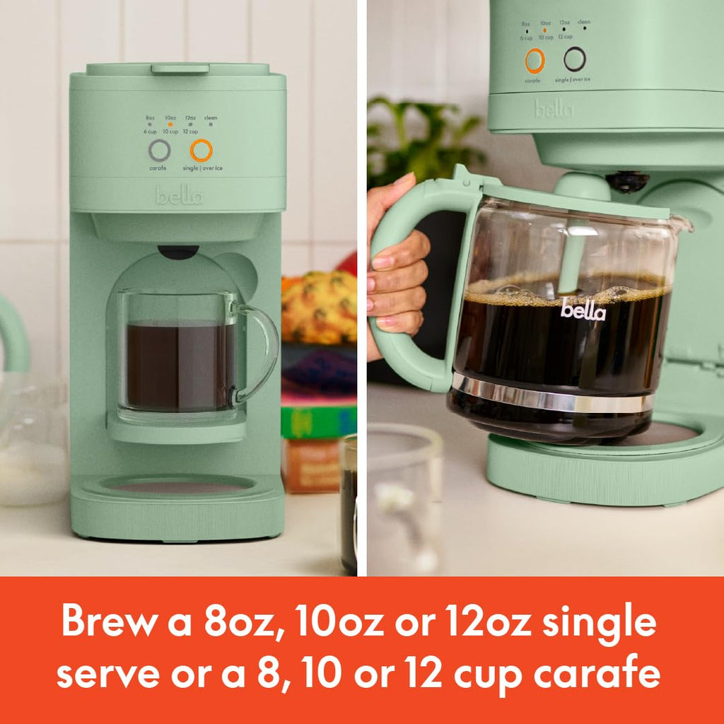 BELLA VersaBrew 2-in1 Coffee Maker, K-Cup compatible, Brew 3 Sizes Carafes & Single Serve Cups, Dishwasher Safe Reusable Filter & Filter Holder, Iced Coffee Function, 60oz Tank, Blossom