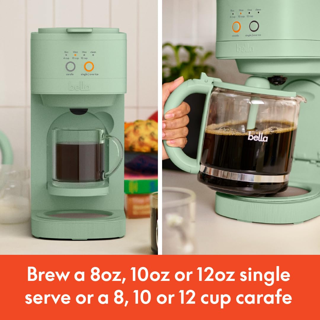 BELLA VersaBrew 2-in1 Coffee Maker, K-Cup compatible, Brew 3 Sizes Carafes & Single Serve Cups, Dishwasher Safe Reusable Filter & Filter Holder, Iced Coffee Function, 60oz Tank, Blossom
