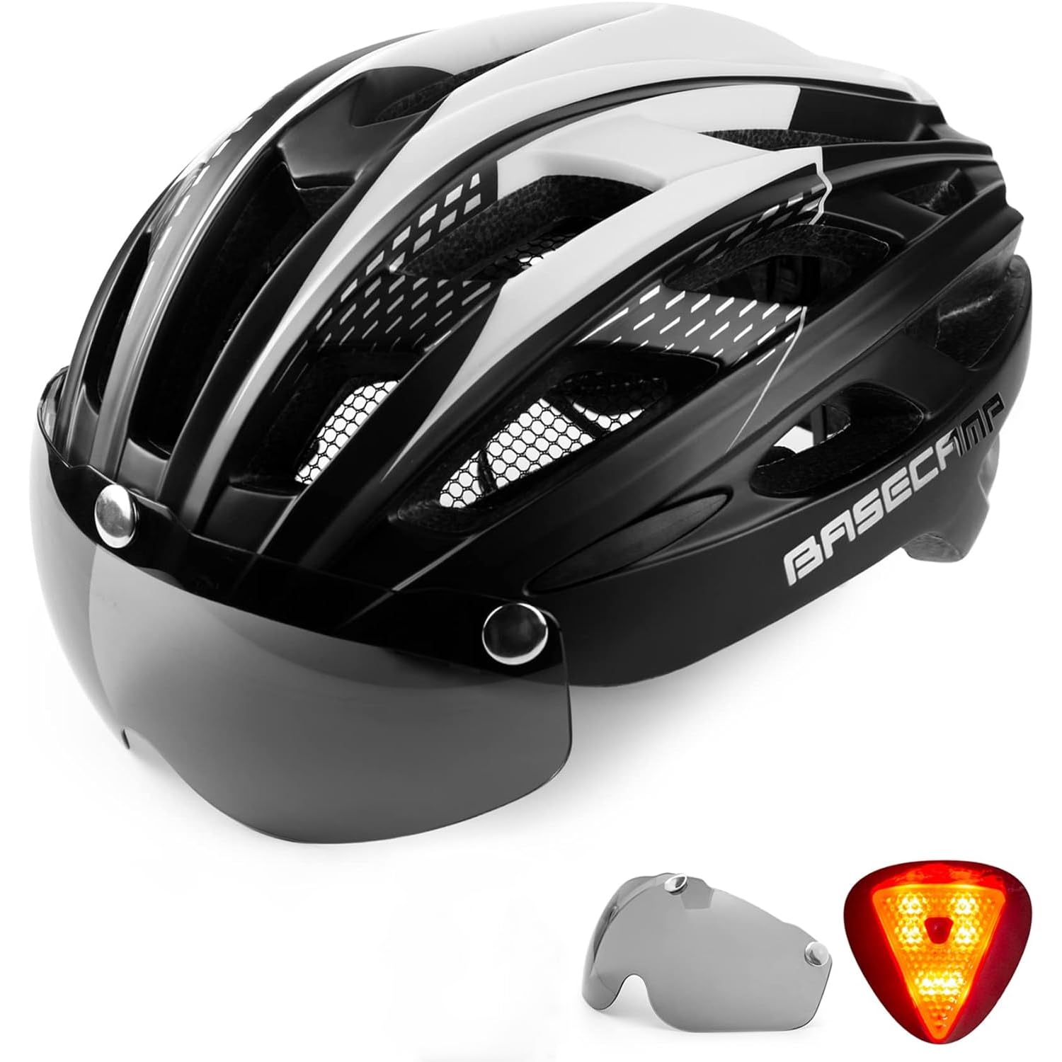 Bike Helmet, Basecamp Bicycle Helmet with Rear Light & Detachable Magnetic Goggles Lightweight Cycling Helmet Adjustable for Adult Men Women Mountain & Road (BC-069)
