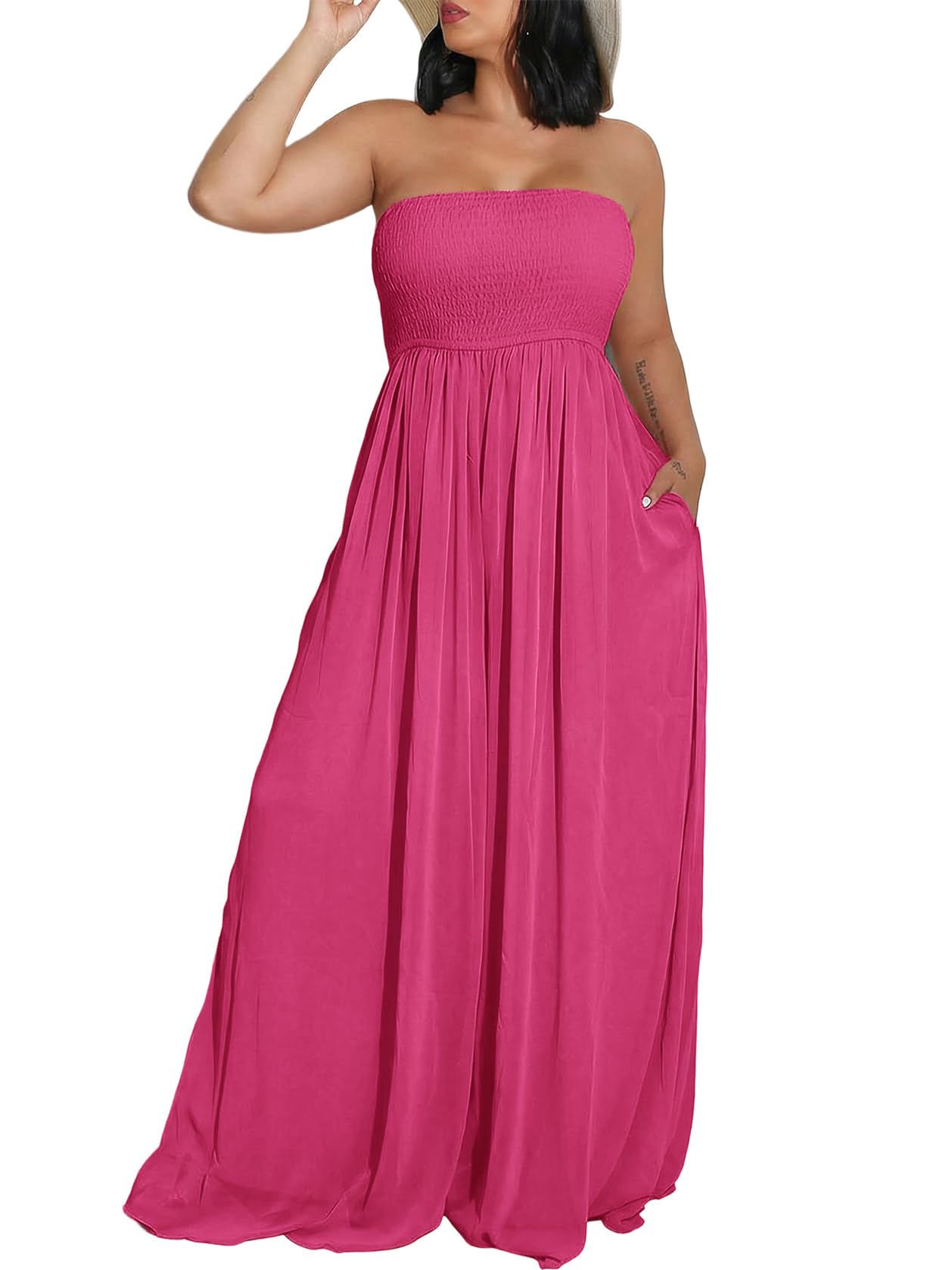 Ophestin Women's Strapless Tube Wide Leg Jumpsuits Smocked Women Jumpsuits Dressy Casual Flowy One Piece Jumpsuits Rompers