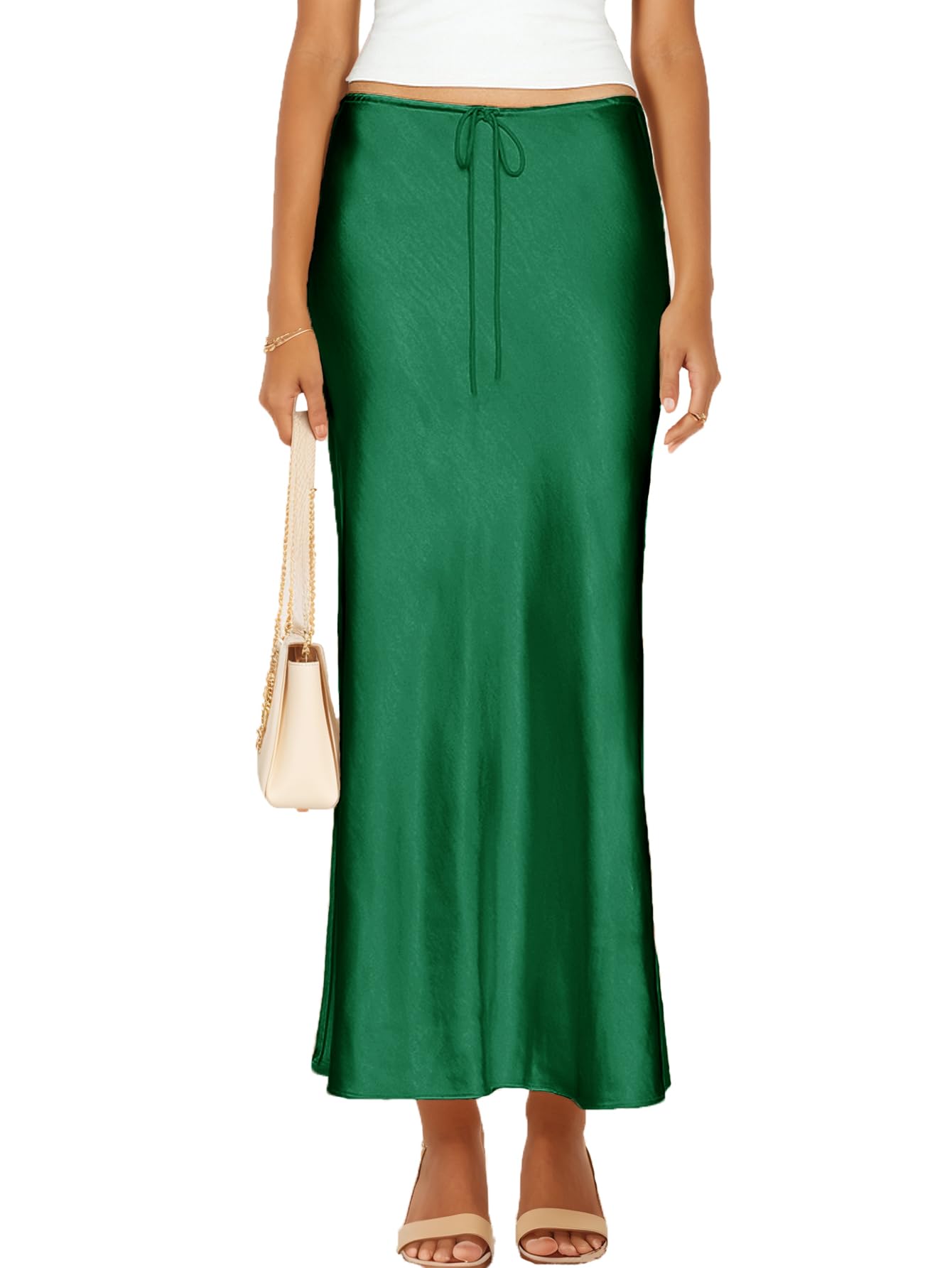 Womens Satin Silk Maxi Skirts Drawstring Flared Casual A-Line Long Skirt for Women