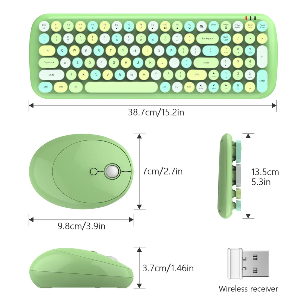 MOFII Wireless Keyboard and Mouse Combo, Compact Typewriter Retro Round Computer Keyboard and Mouse Set, Plug and Play, for Windows, Computer, Desktop, PC, Notebook - Black Green Gradient