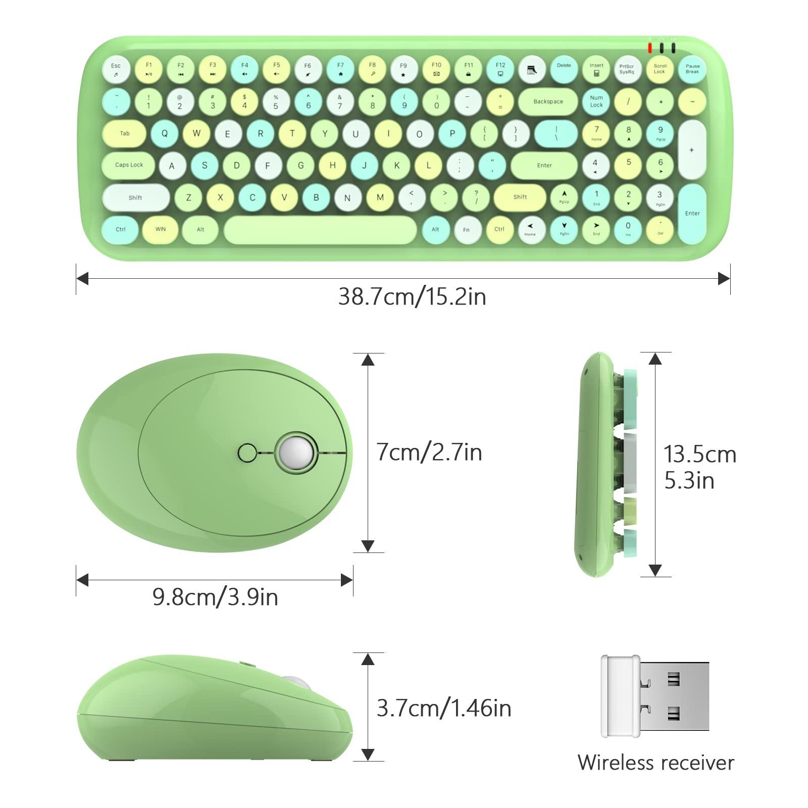 MOFII Wireless Keyboard and Mouse Combo, Compact Typewriter Retro Round Computer Keyboard and Mouse Set, Plug and Play, for Windows, Computer, Desktop, PC, Notebook - Black Green Gradient