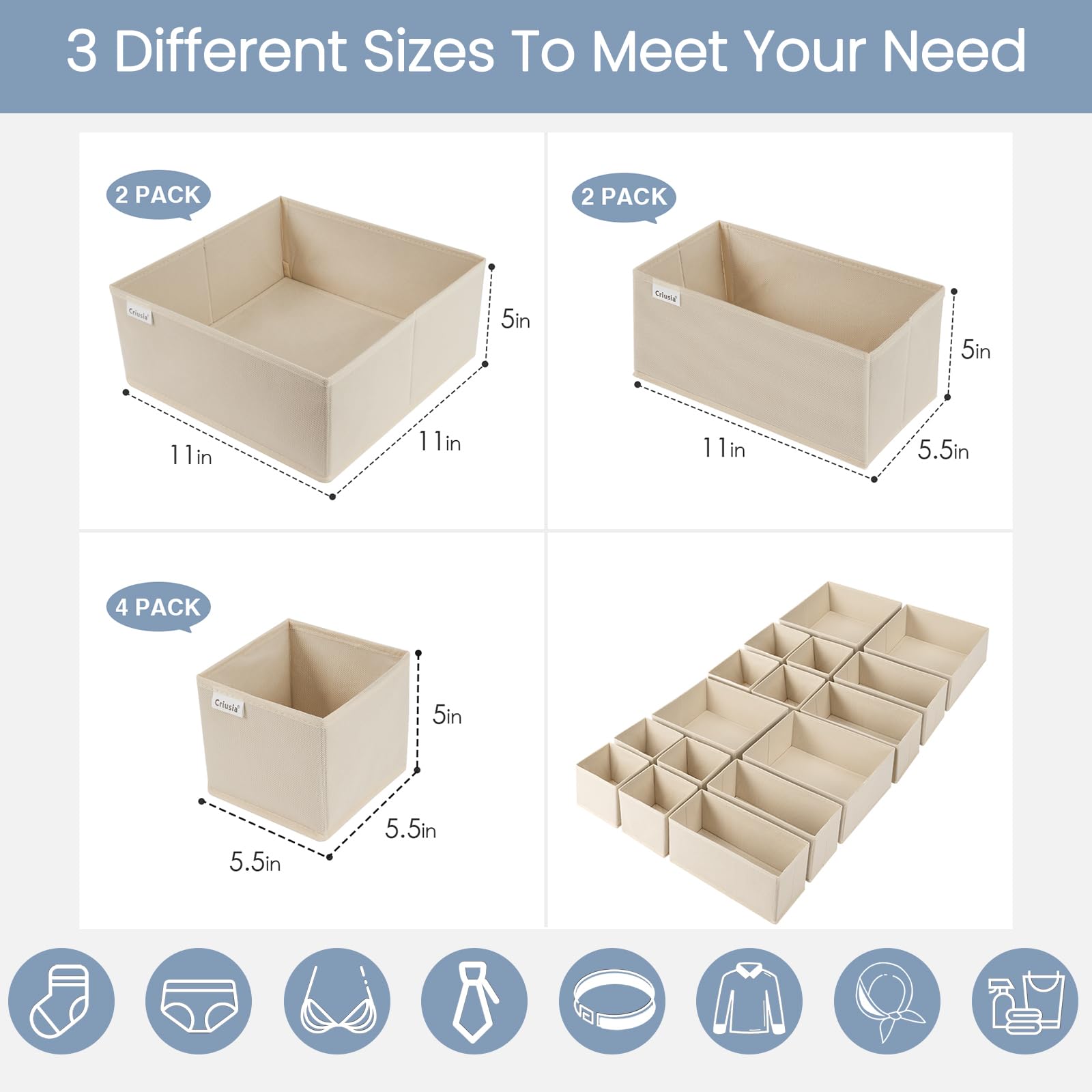 Criusia Drawer Organizer Clothes, 8 Pack Underwear Drawer Organizer, Foldable Cloth Storage Box Closet Organizers and Storage for Clothes, Socks, Scarves, Ties (Beige)