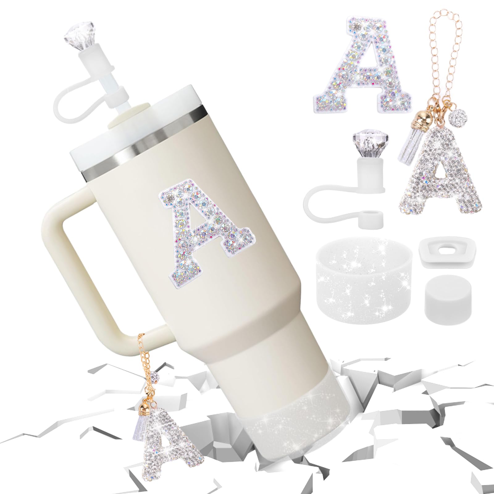 Mity rain Accessories Set for Stanley Cup, Initials Decorations for Tumbler Cup 30/40OZ, Including Diamond Straw Topper/Spill Proof Stopper/Sparkly Silicone Boot Set/Letter Charms for Handle A-Z (A-)
