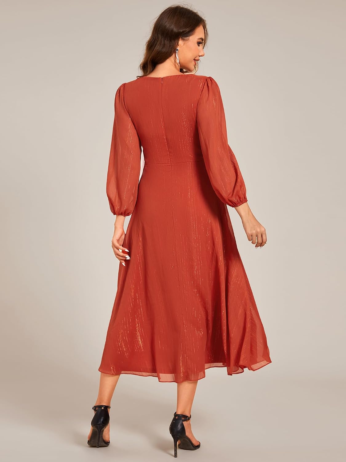 Ever-Pretty Women's Elegant Formal Evening Dress A-Line Ruched V-Neck Long Sleeves Tea-Length Wedding Guest Dresses