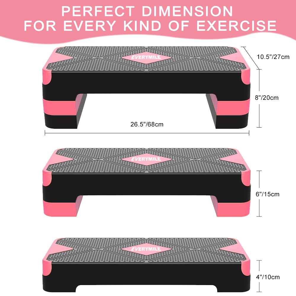 Aerobic Exercise Step, Adjustable Aerobic Stepper for Exercise, Workout Step Platform, Step Up Box, 26.5" Step Deck with 4” 6” 8” Adjustable Height Risers, Women Home Gym Fitness