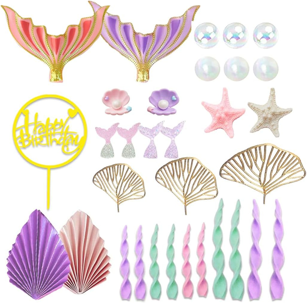 Mermaid Cake Topper for Mermaid Under the sea Cake Decor | Big Mermaid Tails Seaweed Bubbles Shells and Golden Ginkgo Leaves Cake Set