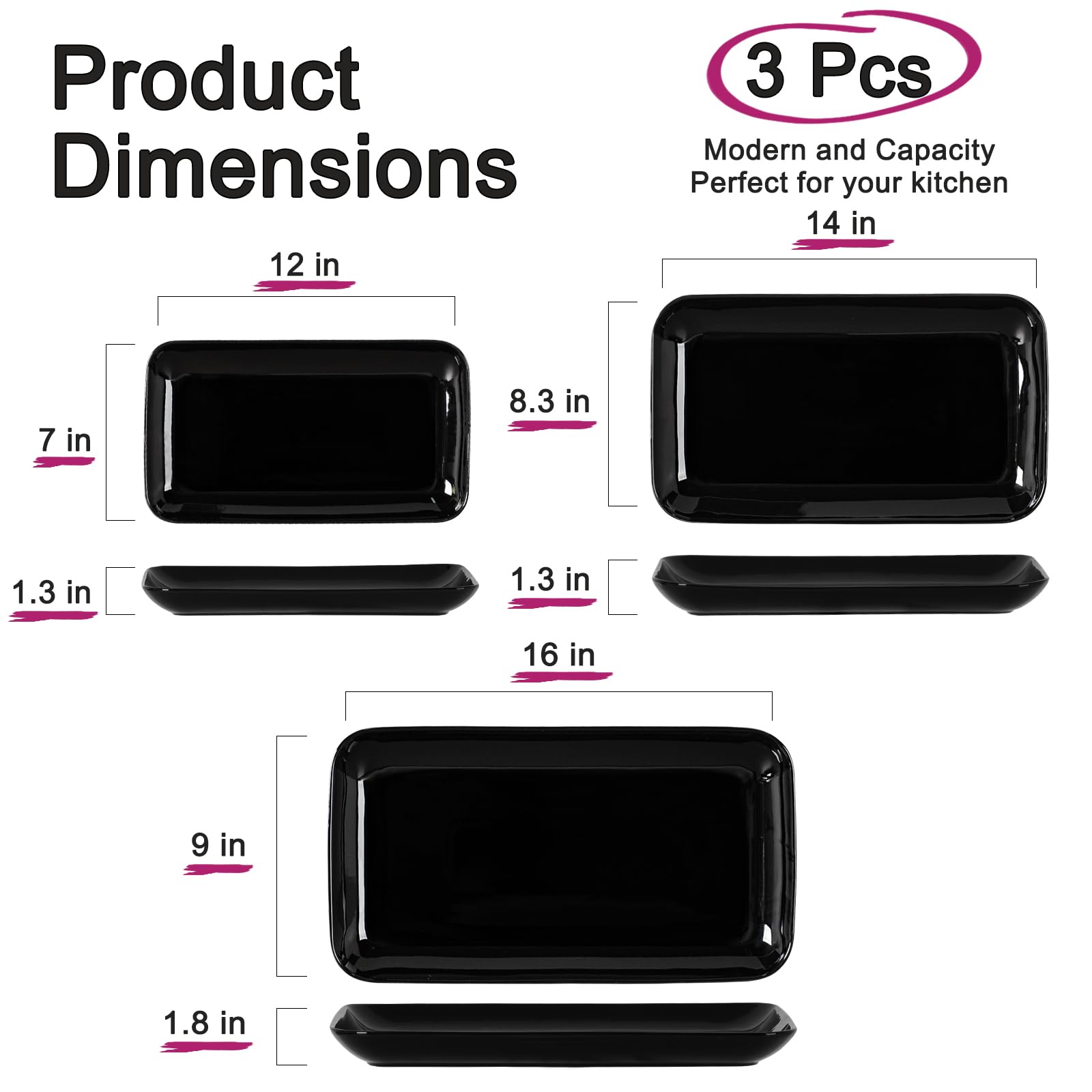 DELLING Large Serving Platter Set of 3, 16/14/12 Inch Porcelain Serving Trays for Party - Black Ceramic Rectangular Platters for Entertaining,Platter for Thanksgiving Christmas, Dishwasher Oven Safe