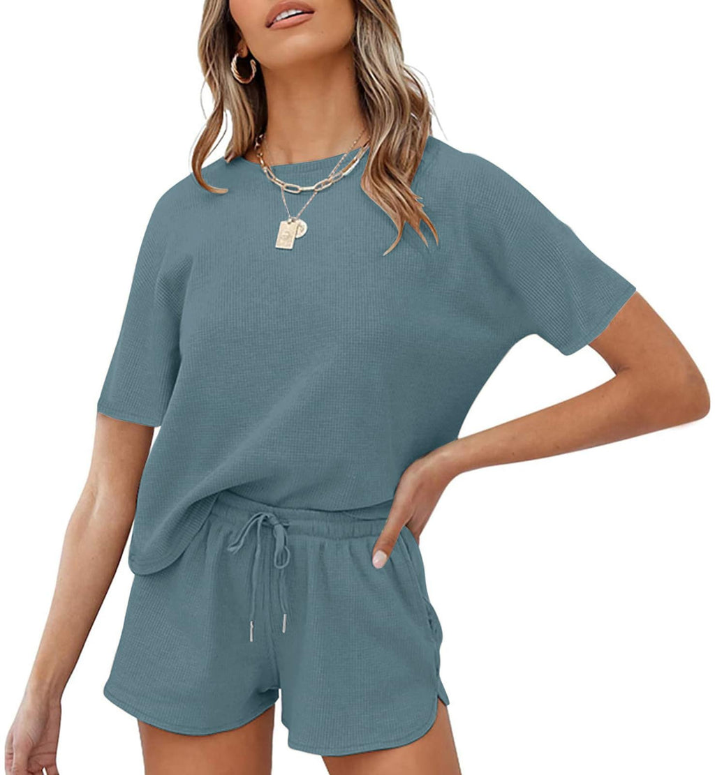 MEROKEETY Women's Short Sleeve Waffle Pajama Sets Lounge Top and Shorts 2 Piece Tracksuit Outfits