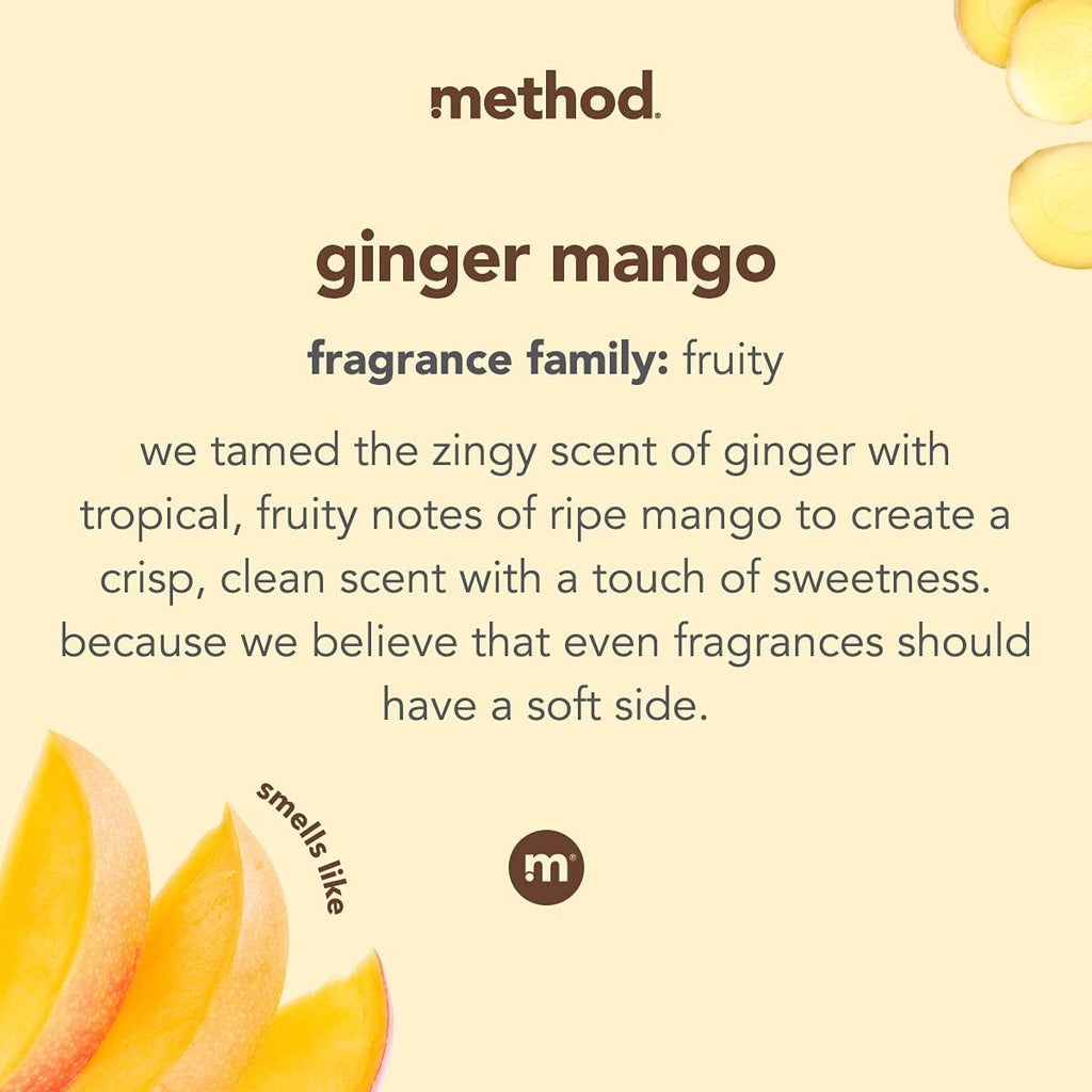 Method Liquid Laundry Detergent; Ginger Mango Scent; Stain Remover; 66 Loads per 53.5 fl oz bottle; 4 Pack (264 Total Loads); Packaging May Vary