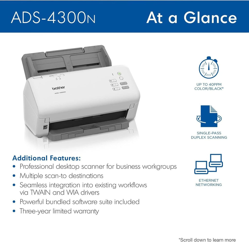 Brother ADS-4300N Professional Desktop Scanner with Fast Scan Speeds, Duplex, and Networking,White