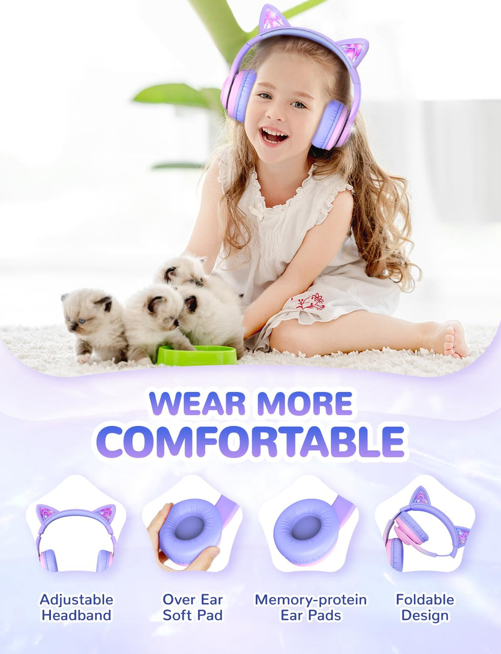 iClever Cat Ear Kids Bluetooth Headphones, LED Lights Up, 74/85dBA Safe Volume Limited, 50H Playtime,Bluetooth 5.2, USB C,Kids Headphones Wireless Over Ear for Travel iPad Tablet, Meow Macaron-Purple
