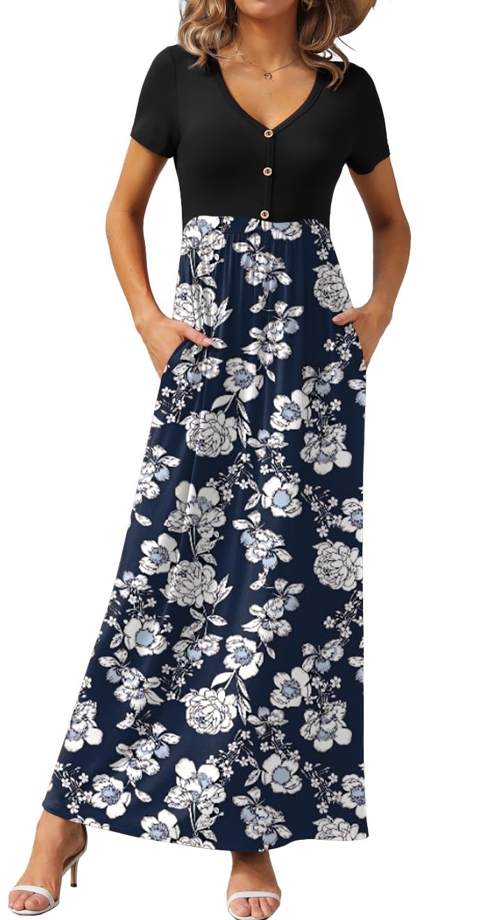 GRECERELLE Womens Summer Long Maxi Dresses 2026 Short Sleeve V Neck Casual Button Dress with Pockets