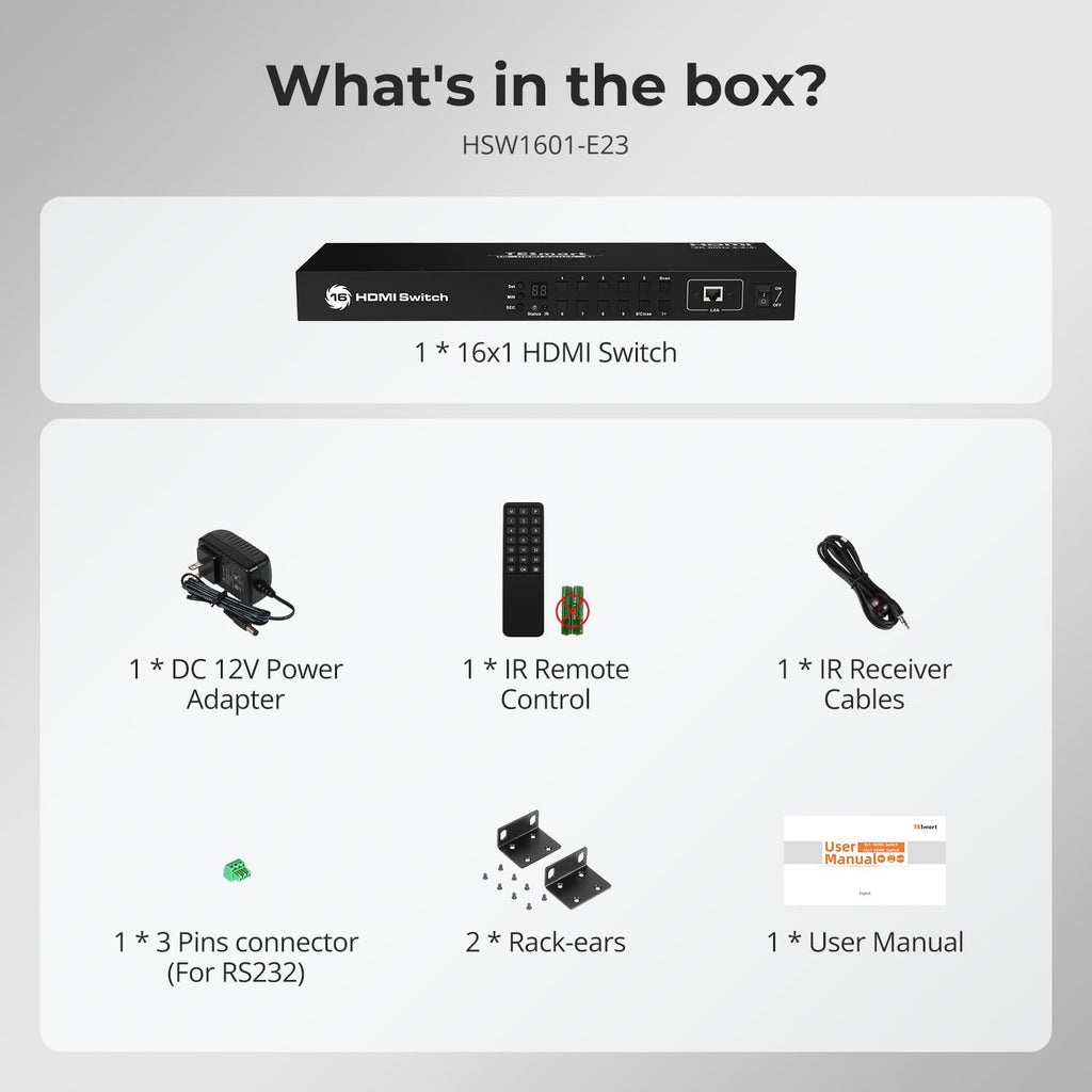 TESmart 8×1 HDMI Switch 8 in 1 Out 4K @ 60Hz HDCP with 19-inch Rack-Ears | RS-232 / LAN Control | IR Remote Control and Auto Switch | Auto Scan Time Interval - Black