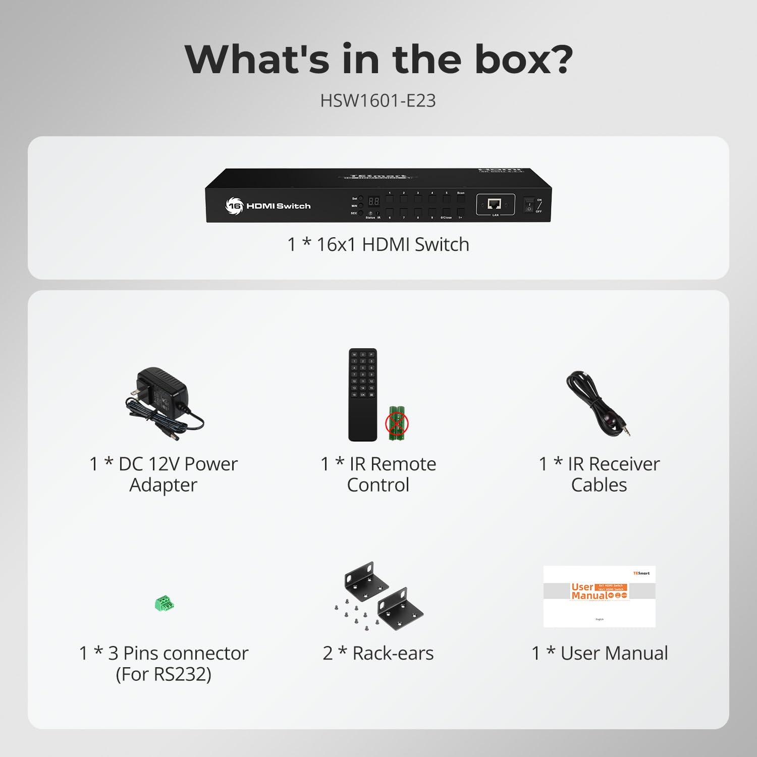 TESmart 8×1 HDMI Switch 8 in 1 Out 4K @ 60Hz HDCP with 19-inch Rack-Ears | RS-232 / LAN Control | IR Remote Control and Auto Switch | Auto Scan Time Interval - Black