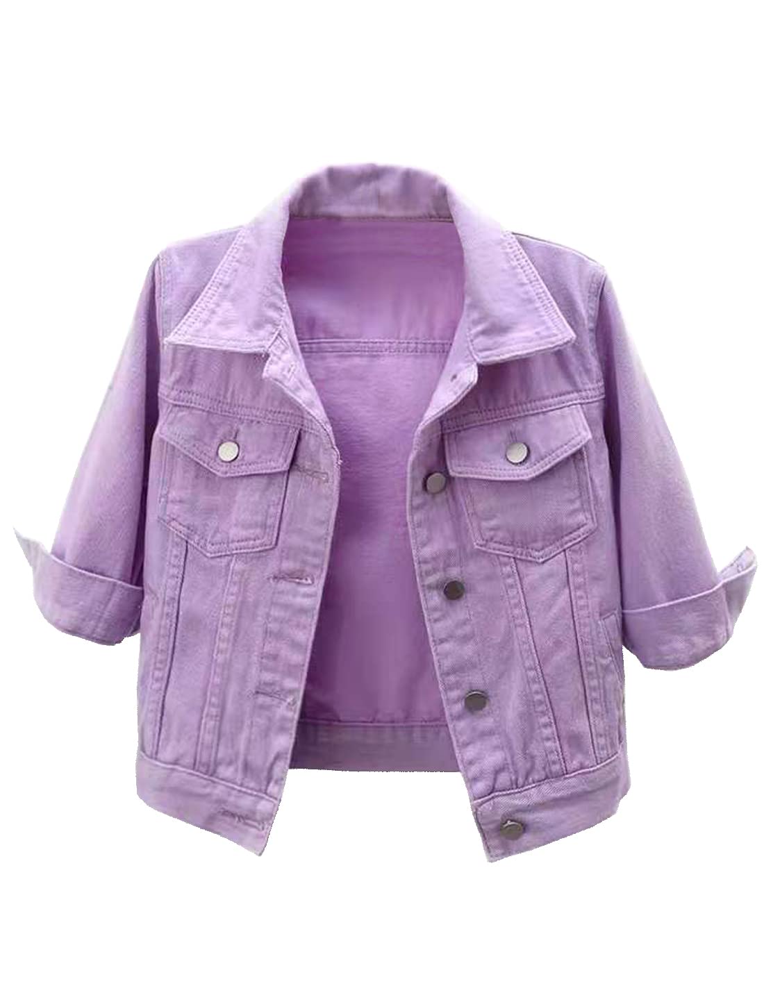Locachy Womens 3/4 Sleeve Short Denim Jacket Lapel Button Down Cropped Trucker Jean Jackets Coats