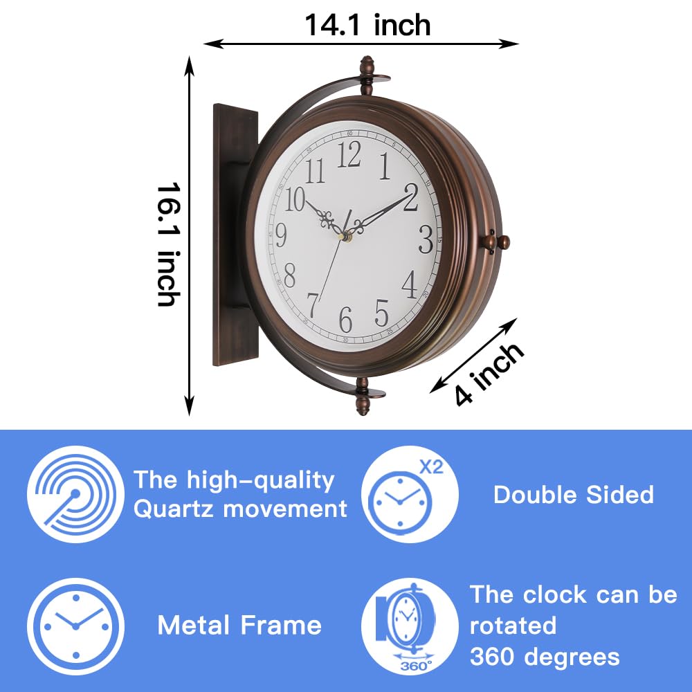 BESTIME 66264A 16-Inch Double Sided Metal Wall Clock with Antique Red Copper.Sturdy Frame,Easy Read,Garden,Home Décor,Indoor,Outdoor,Farmhouse,Yard,Station,Office,Photography Props.