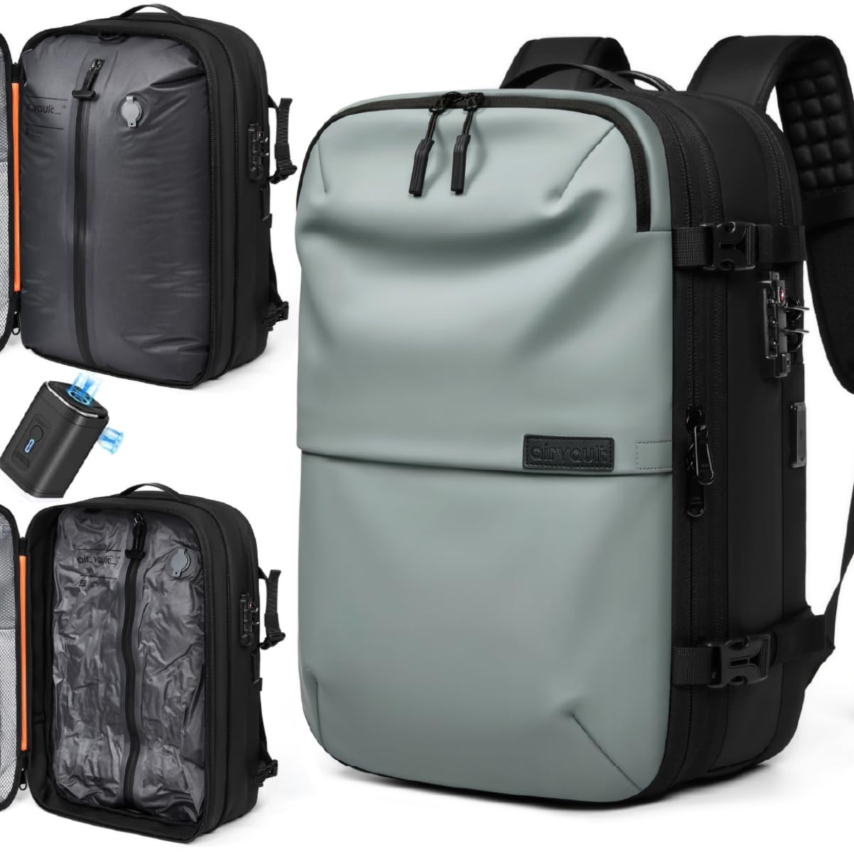 AirVault Vacuum Seal Travel Backpack 60L with Expandable HyperSeal Air Compression Vacuum System Water Resistant TSA Lock (Vacuum Pump Included, Black, 60L)