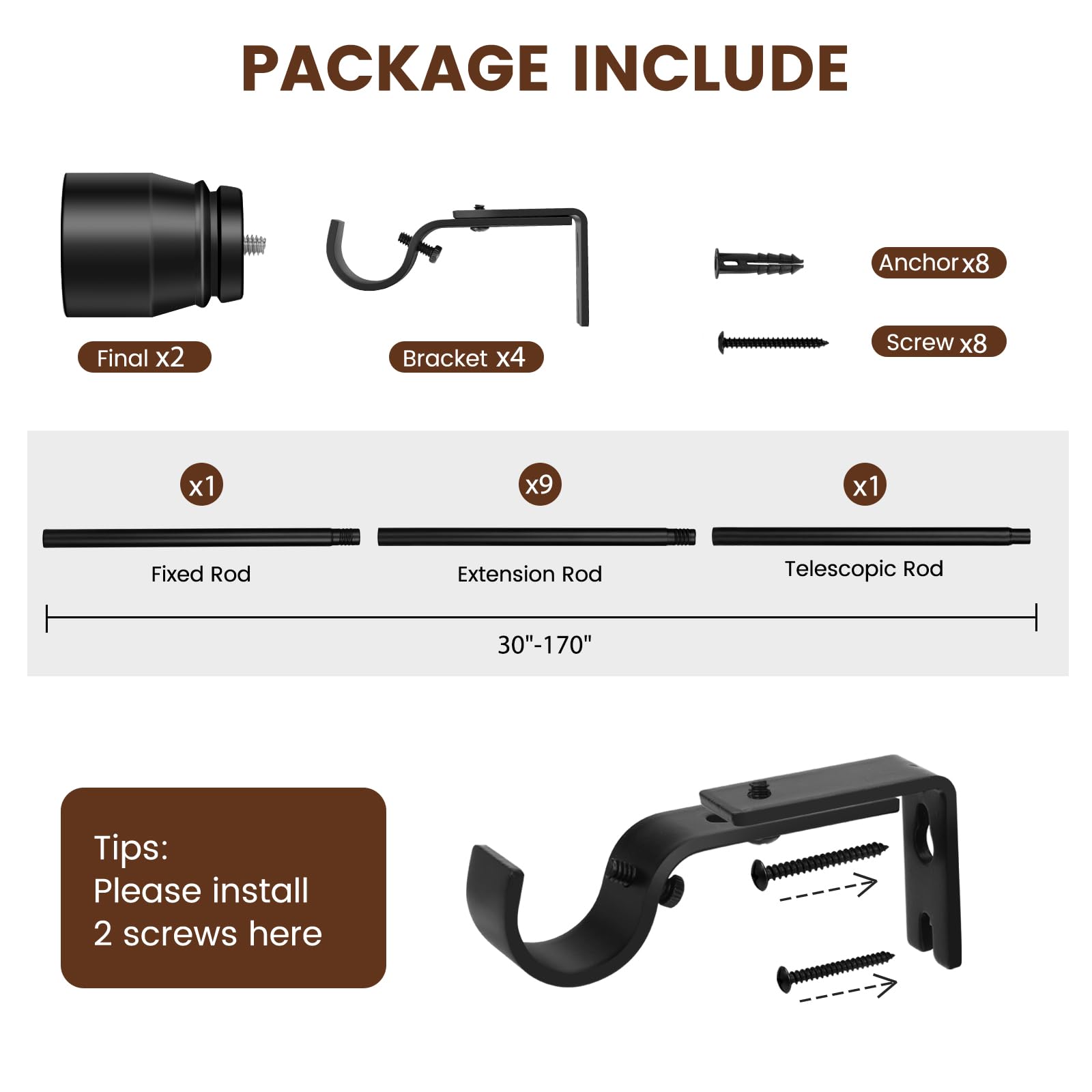 1” Diameter brown curtain rod Itself is 30 to 60 inch. 1 Pack Fits 30-54 inch Windows with Heavy Duty Adjustable brown curtain rods Splicing Metal Extra Long Curtain Rod