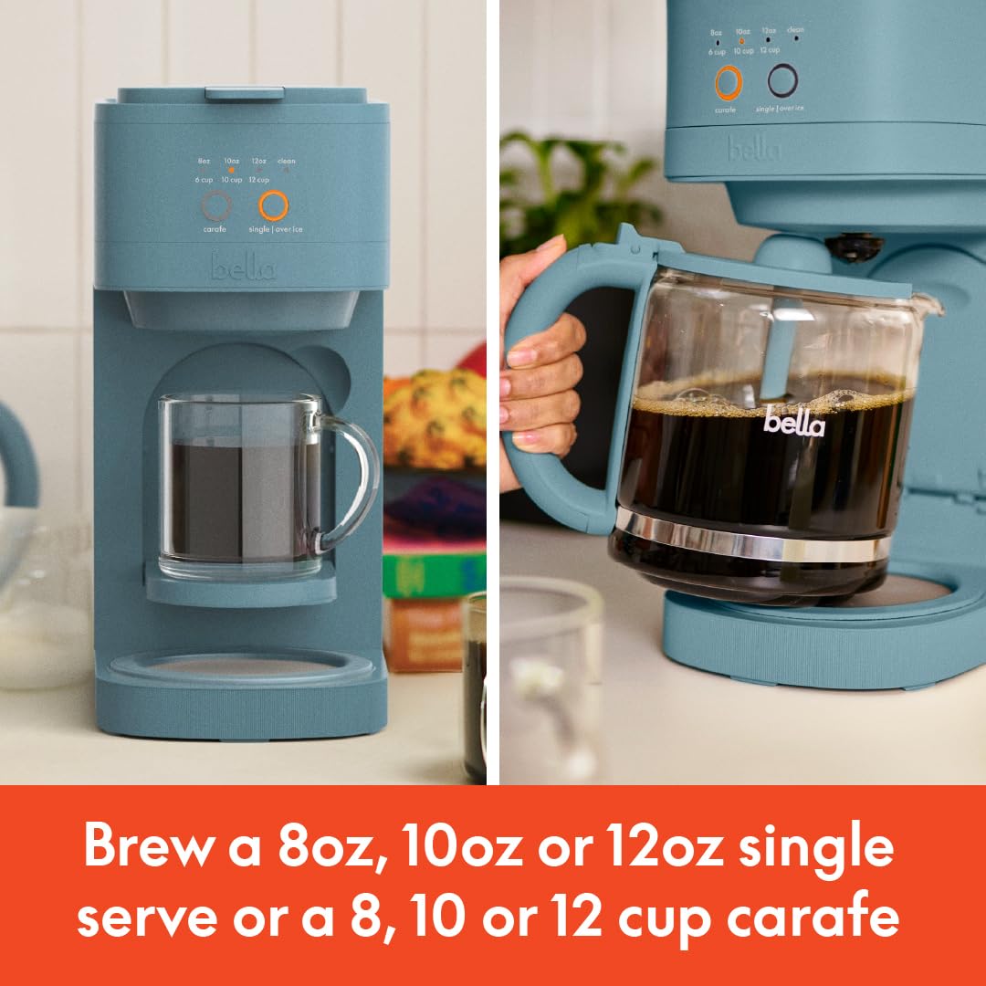 BELLA VersaBrew 2-in1 Coffee Maker, K-Cup compatible, Brew 3 Sizes Carafes & Single Serve Cups, Dishwasher Safe Reusable Filter & Filter Holder, Iced Coffee Function, 60oz Tank, Blossom