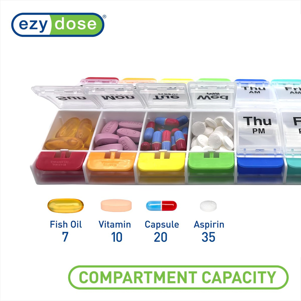 EZY DOSE Push Button (7-Day) Pill Case, Medicine Planner, Vitamin Organizer, 2 Times a Day, AM/PM Container, X-Large Compartments, Arthritis Friendly, Easy to Use, Transparent Lids, Black, BPA Free