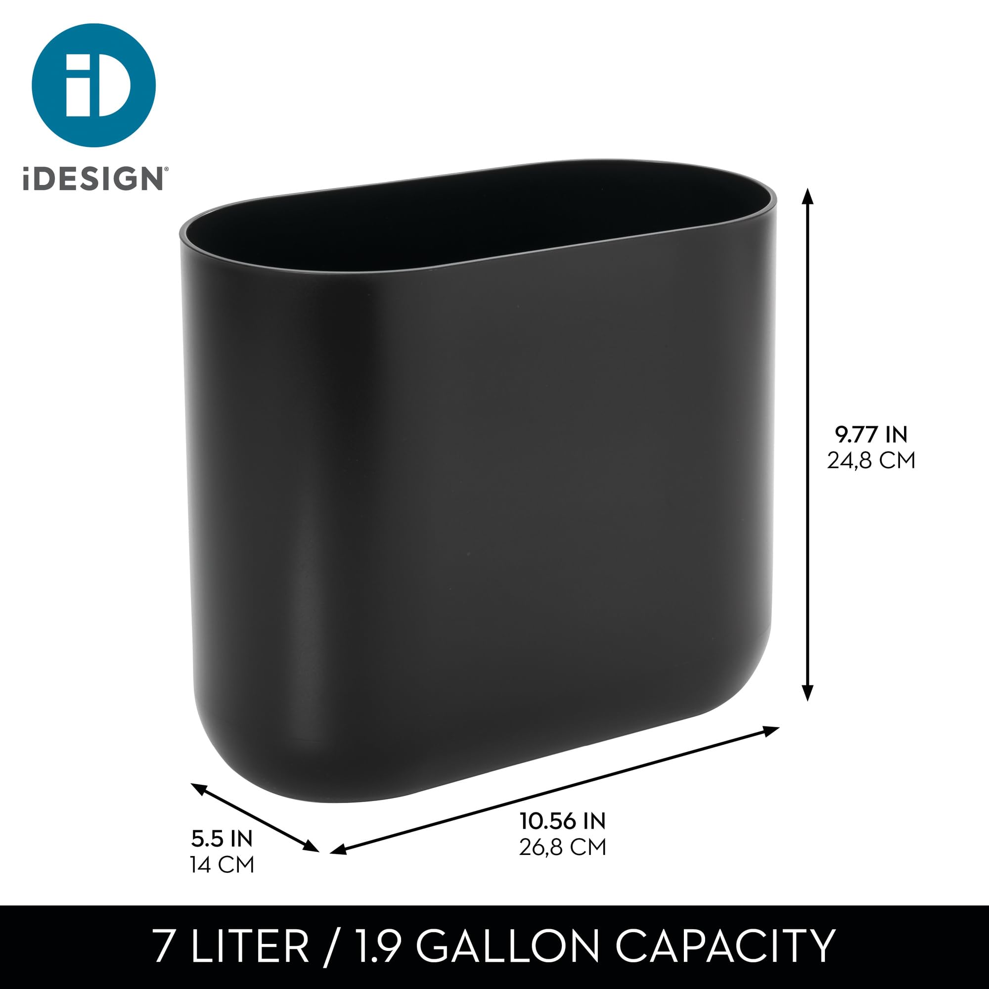 iDesign Small Slim Plastic Bathroom Trash Can, Black | Garbage Can for Bedroom, Office, Desk, Dorm