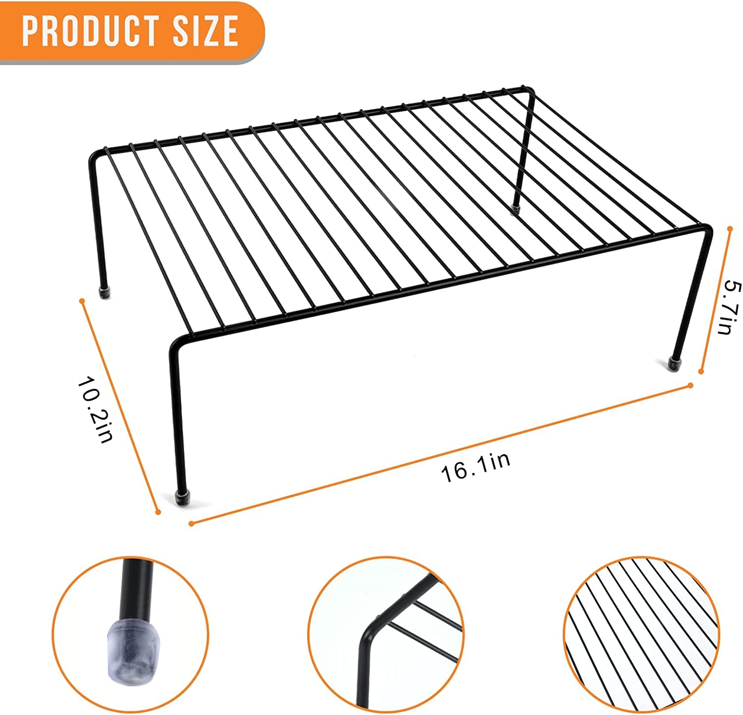 Large Cabinet Storage Shelf Rack (16.1 x 10.2 Inch), Kitchen Counter Organizer, Fridge and Bathroom Cupboard Storage Rack (Black, 2)