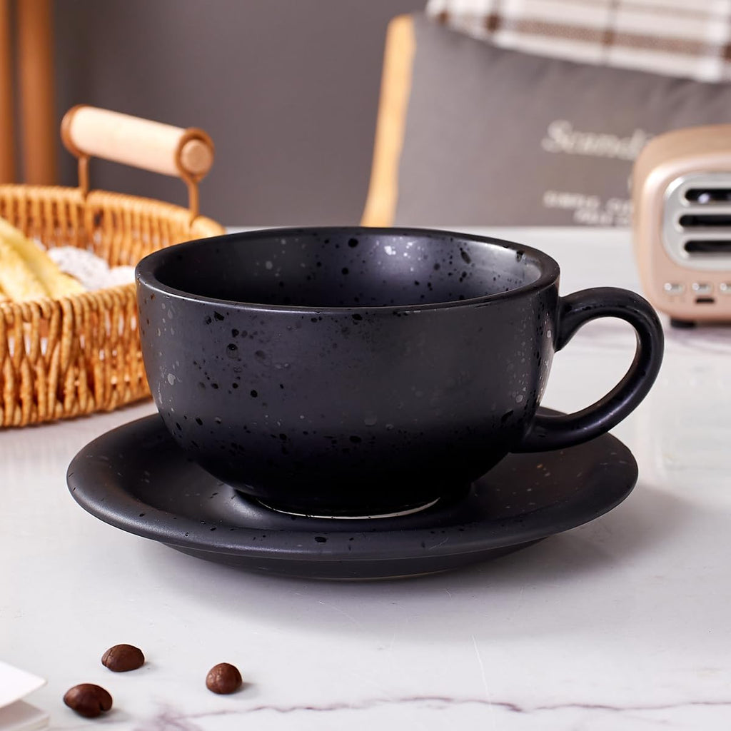 Coffeezone Vintage Design 12 oz Ceramic Latte Art Cappuccino Barista Cup with Saucer (Beige)