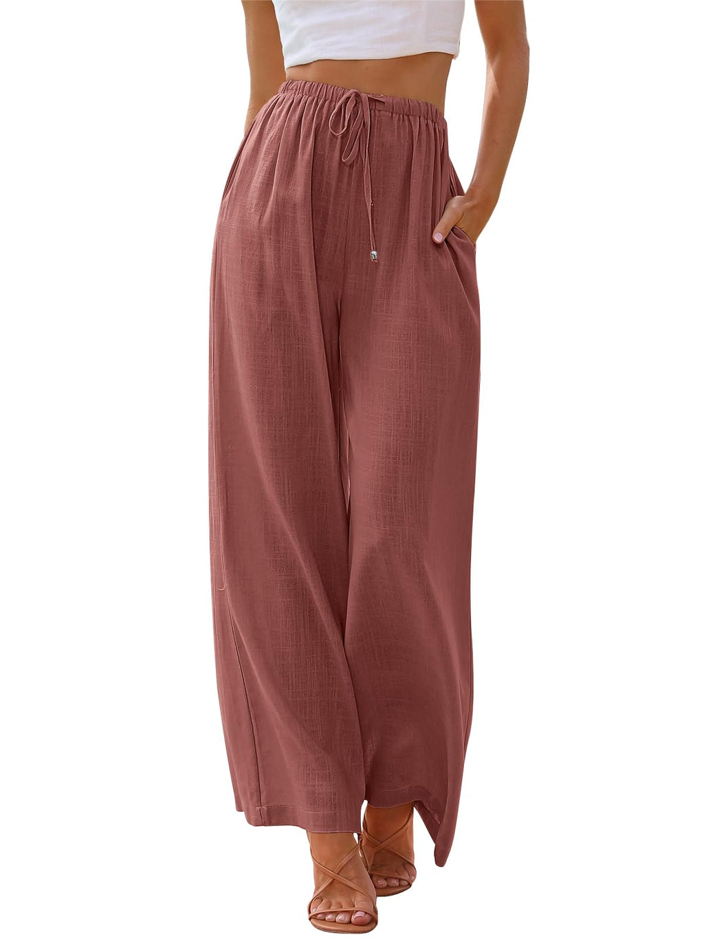 LILLUSORY Women's Linen Summer Palazzo Pants Flowy Wide Leg Beach Pants with Pockets