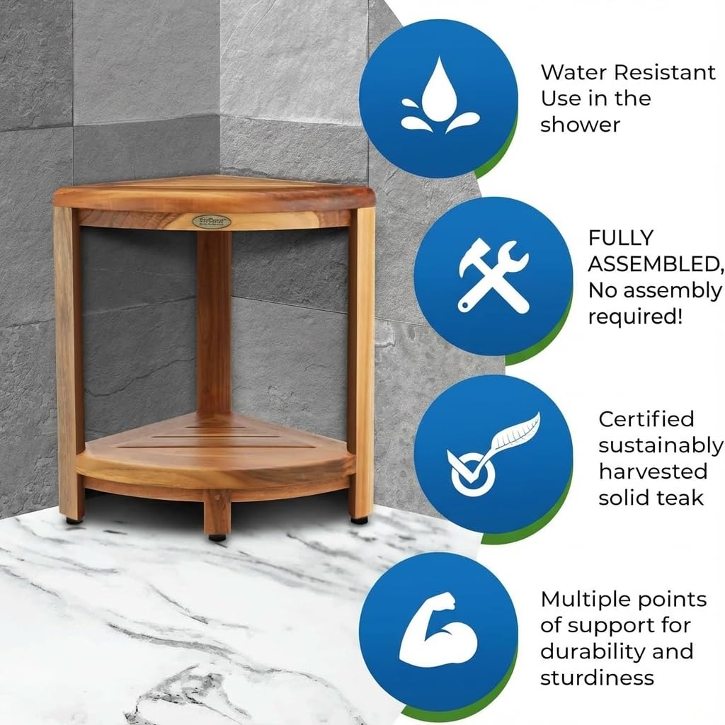 DecoTeak Teak Corner Shower Shelf – 2 Tier Waterproof Bathroom Storage Organizer Compact Wood Storage | Water-Resistant Design | Space Saver for Showers & Small Bathrooms | Shaving Foot Rest