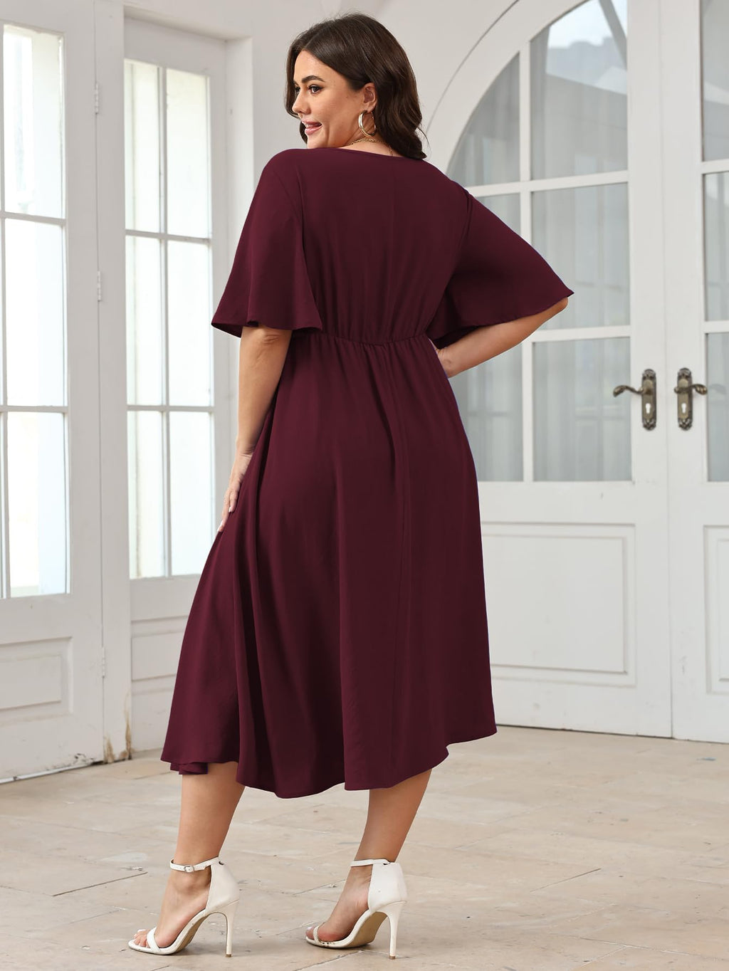 SCOMCHIC Women Plus Size Midi Dresses Wedding Guest Short Sleeve V Neck Tie Waist Casual Summer Flowy A Line Dress
