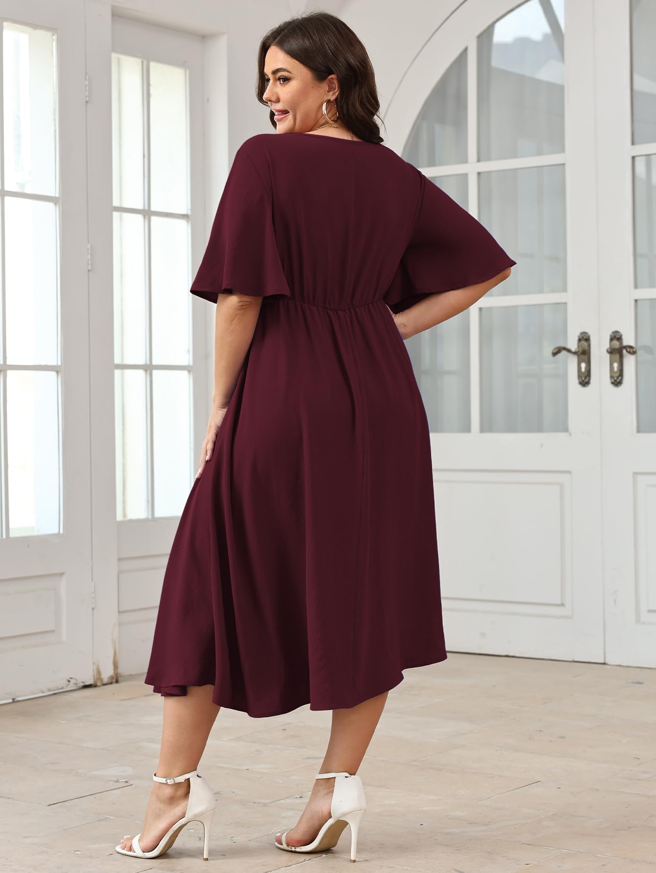 SCOMCHIC Women Plus Size Midi Dresses Wedding Guest Short Sleeve V Neck Tie Waist Casual Summer Flowy A Line Dress